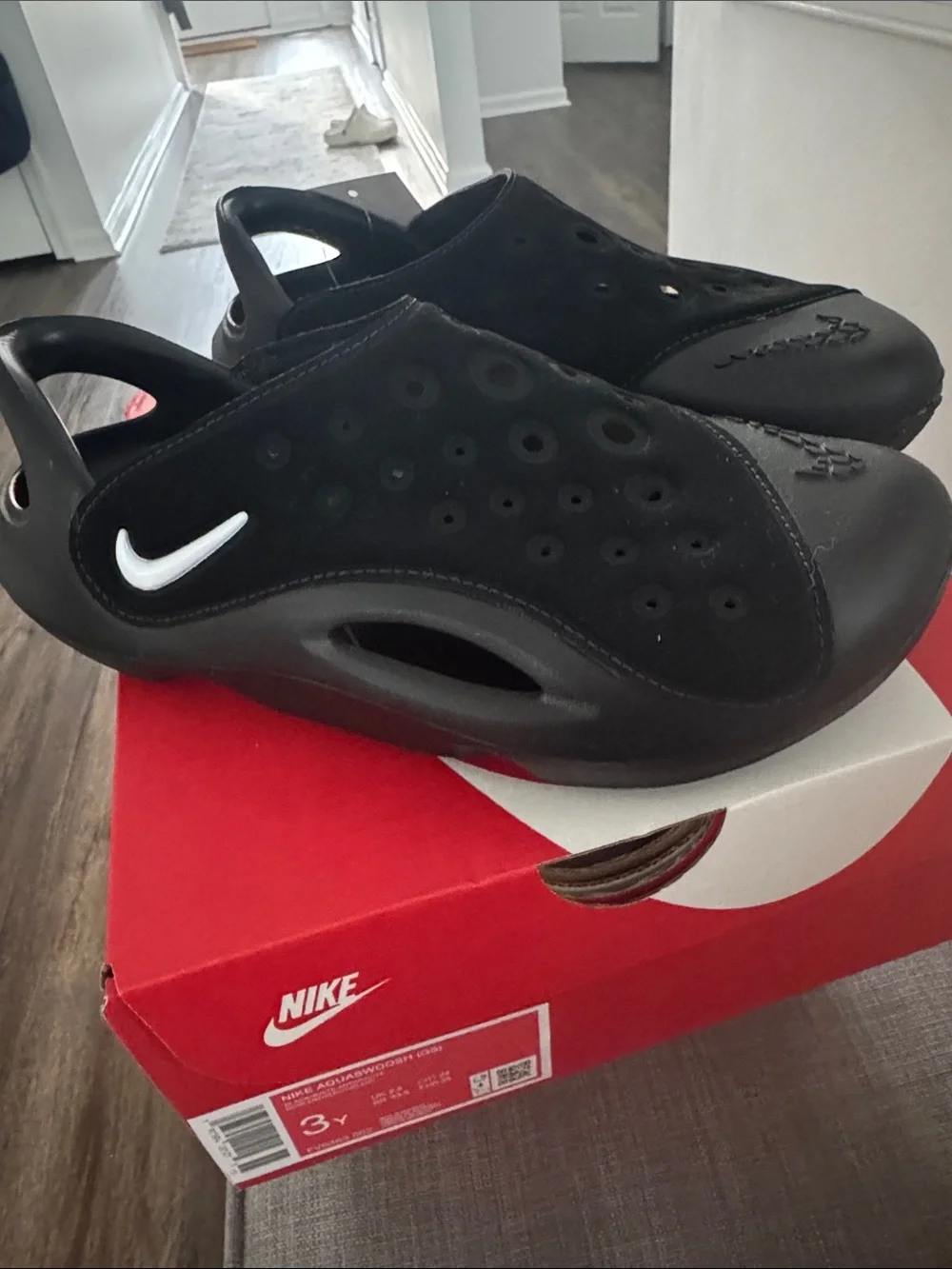 Kids Nike Black Slip-On Perforated Water Clogs with White Swoosh